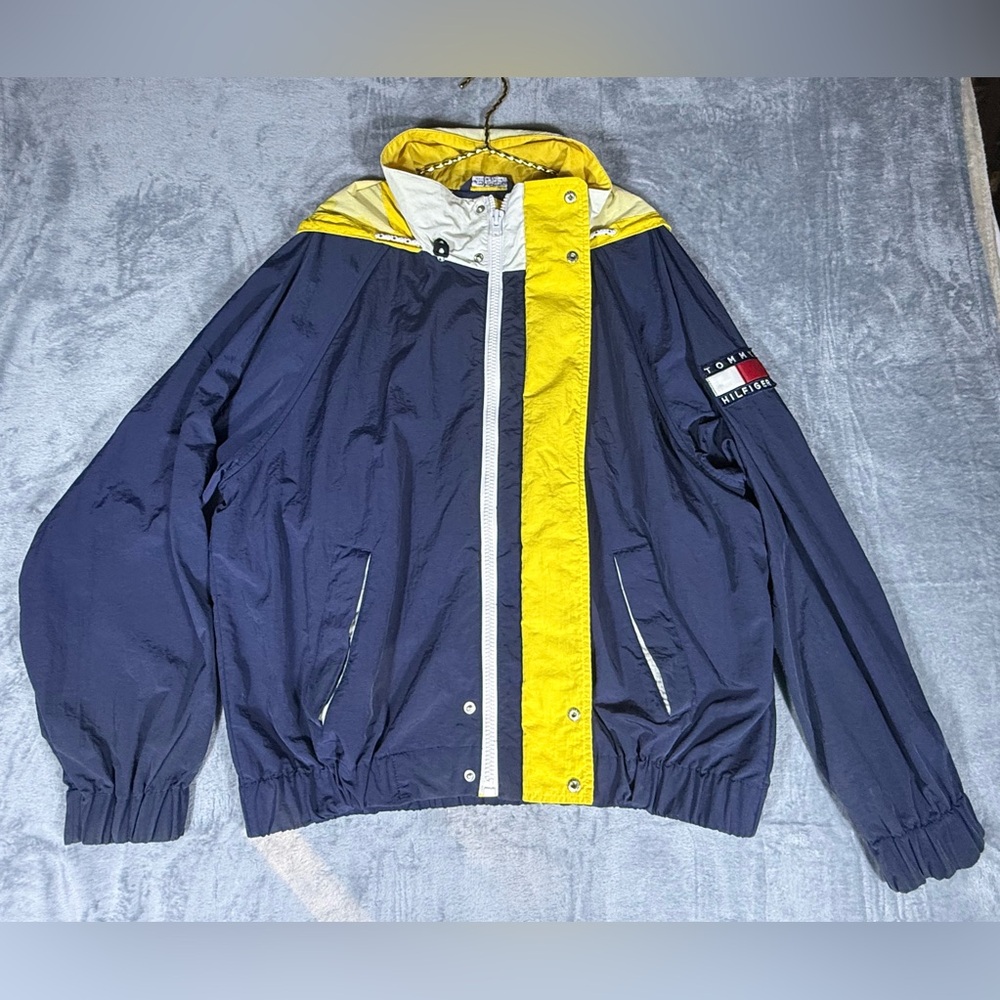 Vintage 90s Tommy Hilfiger Hooded Navy Windbreaker XL‎  Jacket New York Style